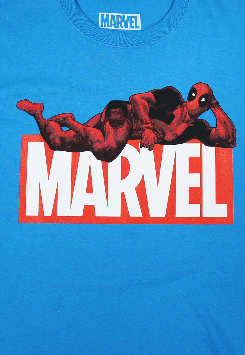 Marvel Logo Deadpool Posing Heather Sapphire Blue T-Shirt - Unisex Adults